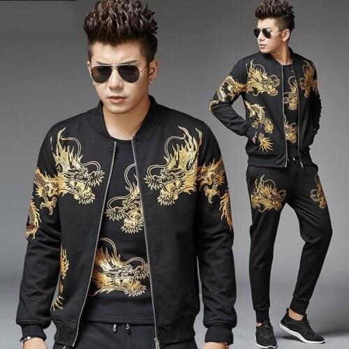 Winter Mens Plus Size Casual Sport Printed 3Pcs Sets Fashion Long Sleeve Zip O-Neck Jackets Drawstring Waist Full Length Pants