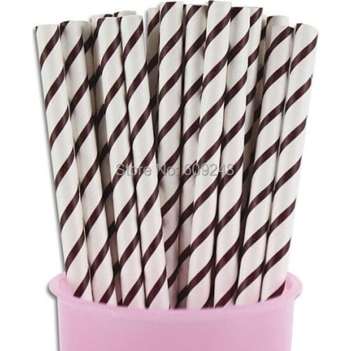 100pcs Mixed Colors Old Fashioned Holiday Decorated Party Tableware Dark Brown Thin Stripe Printed Paper Straws