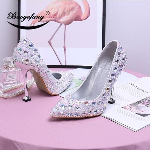 BaoYaFang Pointed Toe High Pumps AB crystal Fashion Shoes crystal Wedding shoes Bride Thin Heel Ladies Single shoe Metal heel