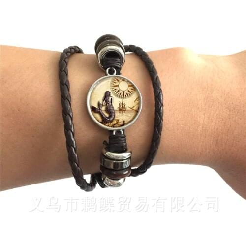 Mermaid Pattern Bracelet New Fashion Round Glass Mermaid Murano Glass Dome Black/Brown 2 Color Leather Cords Adjustbale Bangle
