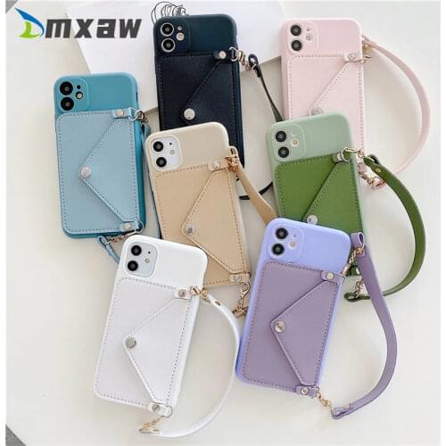 Wallets Card Phone Case For iPhone 12 11 Pro Max 12 mini XR XS Max X 8 7 6 6s Plus Strap portable Holder Cover+Silicone Lanyard