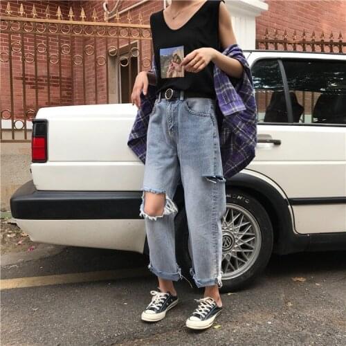 Fashion Vintage Ripped Boyfriend Jeans For Women Fashion High Waist Hole Blue Jeans Plus Size Jeans Pantalones S-4XL