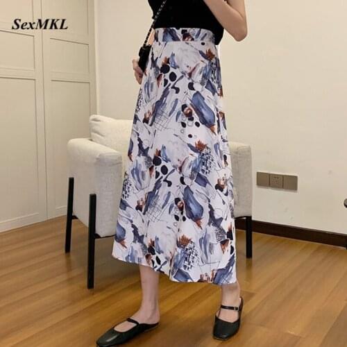 Elegant Skirts Womens 2021 New High Waist Floral Print Mid Calf Long Pleated Skirt Women Summer Vintage Slim Chiffon Midi Skirt