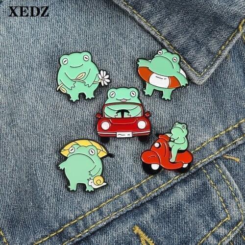 XEDZ Kawaii Frog Enamel Brooch Chrysanthemum Hula Hoop Motorcycle Frog Cartoon Animal Badge Fashion Pins Jewelry Gifts for Kids