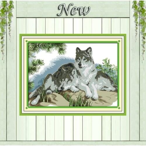 A wolves couple forest paintings counted printed on canvas DMC 14CT 11CT Joy Sunday Cross Stitch Embroider kits Needlework Sets