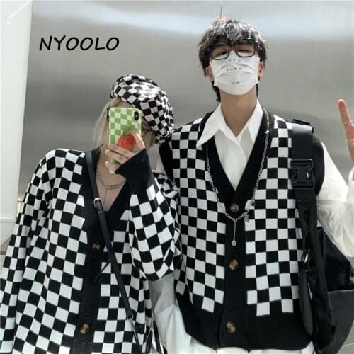 NYOOLO Vintage Streetwear Plaid Patchwork Long Sleeve V-Neck Cardigan Sweaters Women Men Clothes Autumn Hip Hop Knitwear Tops