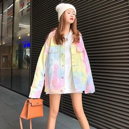 New Arrival Fashion Tie-dye Color Gradient Denim Jacket Women Spring Autumn Casual Loose Jeans Coats Women Color Denim Coat Tops