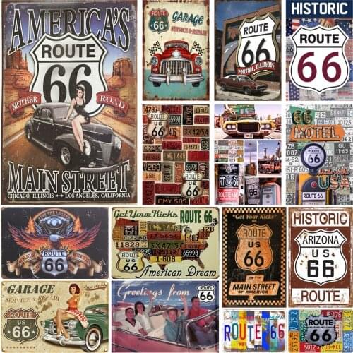 Metal Sign Vintage American Route 66 Tin Signs Metal Posters Gas Station Shabby Decor Plate Wall Plaque for Home Garage Pub Bar