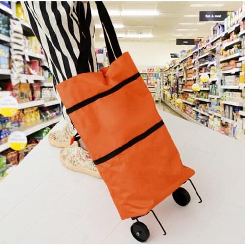 Reusable Nylon Durable Portable Tote Foldable Tug Bag Hide Wheeled Cart Collapsible Shopping Trolley Bag UF001
