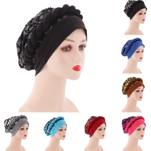 Beanie Muslim Turban Caps African Womens Sequin Braids Headscarf Hair Wrap Hats Nigeria Fashion Headwear Hair Loss Bonnet