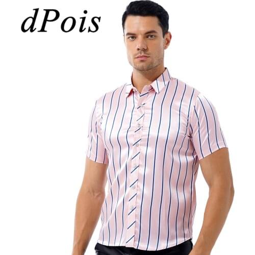 Mens Striped Shirt Satin Short Sleeve Shirts Male Button Down Top Plus Size Blouse Casual Business Shirts Fashion Mens Tops