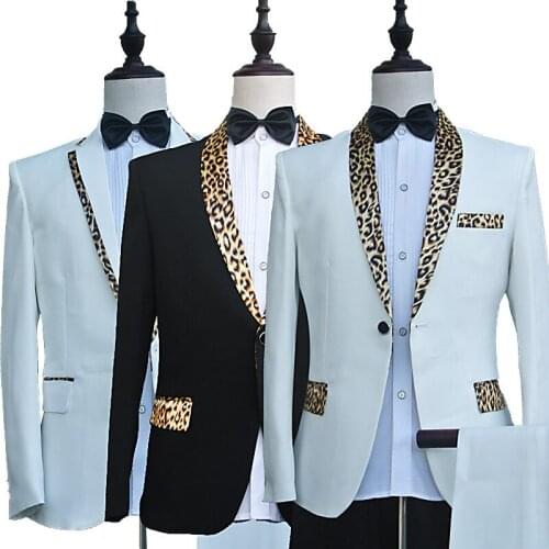 2021 Mens Leopard Print Stitching New Suit Stage Host MC Dress Two Pieces