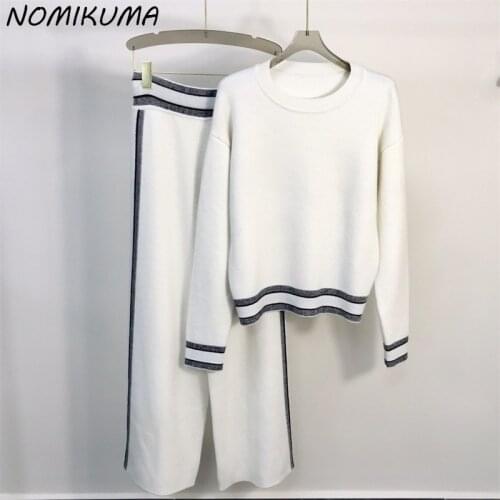 Nomikuma Causal Sweat Knitted Striped 2pieces Sets Long Sleev Eo-neck Sweater + High Waist Wide Leg Pants 2021 New Outfits 6L468