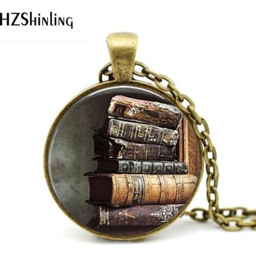 New Trendy Stack Of Antique Books Pendant Necklace Vintage Book Jewelry Glass Cabochon Pendants Gift For Reader Or Writer HZ1