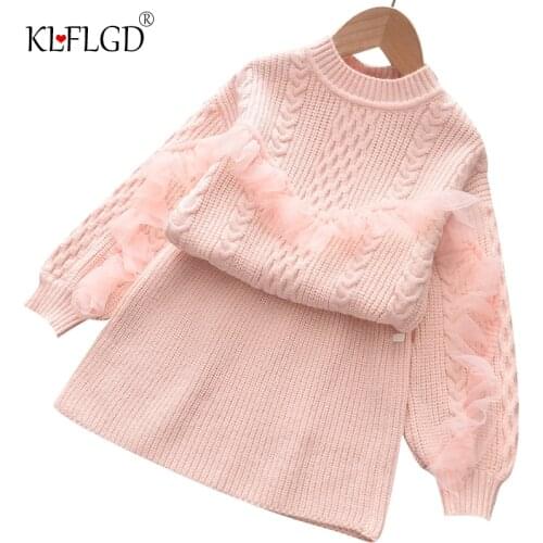 Autumn and winter new girl long sleeve top sweater set childrens T-shirt wool 2-piece set girls birthday party holy meal set