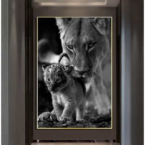Full Square Round Drill Diamond Painting Lioness And Cub Black And White 5D Embroidery Cross Stitch Mosaic Diy Needlework