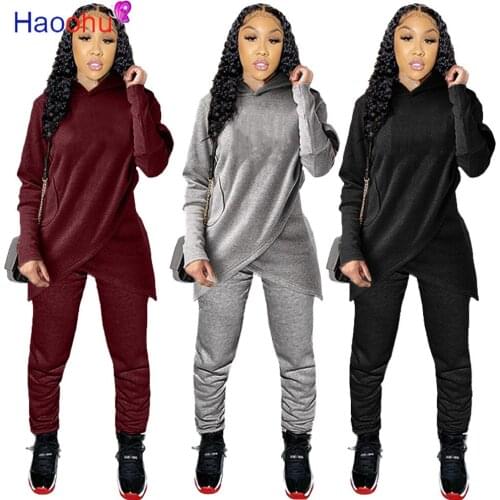 HAOOHU Casual 2 Two Piece Set Tracksuit Women Long Sleeve Hooded Sweatshirts and Staked Jogger Pant Irregular Suits