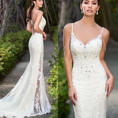 Sexy Backless Mermaid Wedding Dresses Spaghetti Straps Formal Lace Appliques Beaded Crystal Women Bridal Gowns Custom Made 2021