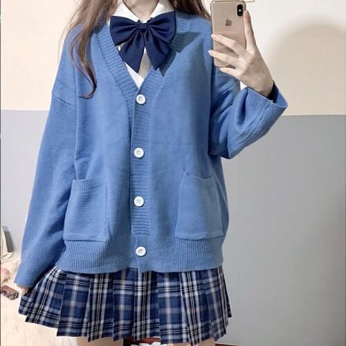 Sweaters for Women Fashion Japanese Style Loose Knitted Sweater Long Solid Color Preppy Girls Kawaii Cardigan 2021