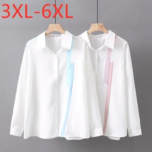 New 2021 Ladies Spring Autumn Plus Size Tops For Women Large Long Sleeve Loose Button White Stripe Chiffon Shirt 3XL 4XL 5XL 6XL