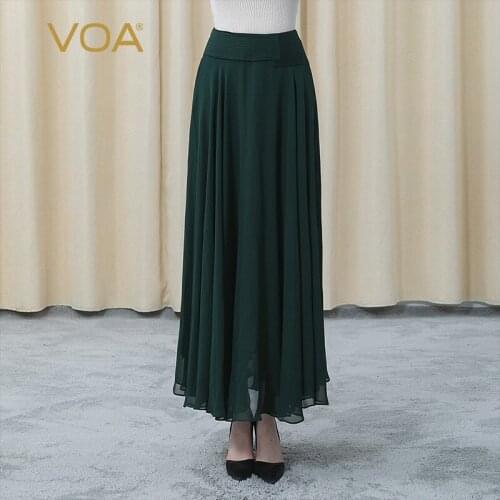 VOA Summer Silk Georgette Dark Green Bump Splicing Fold Side Invisible Zipper A Loose Double-layer Fashion Woman Skirts CE97