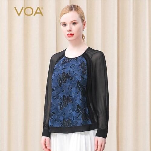 VOA Fashion Embroidery Woman Tshirts Autumn 2021 O-Neck Silk Office Ladies Top Chiffon Slightly Transparent T-shirt Female BE561