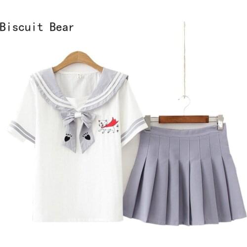 Women Sets Cartoon Cat Embroidery Skirt Sleeve Sailor Collar Blouse And Hight Waist Mini Pleated Skirts Summer Sweet Style Sets