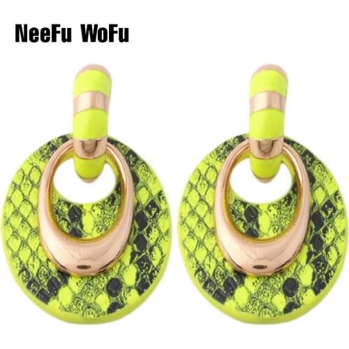 NeeFu WoFu Fluorescence yellow Leather Earring Big Earrings jewelry oval Dangle Woman career Oorbellen Christmas Gift