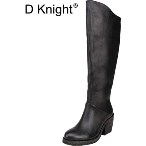 Hot Sale High Quality Round Toe Riding Equestrian Boots Zipper Concise New Designer Thick High Heels Shoes Women Knee-High Boots