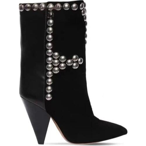 Woman Black Beige Light Yellow Real Suede Spike Heels Short Boots Slip On Pointed Toe Knee High Over The Knee Rivets Boots