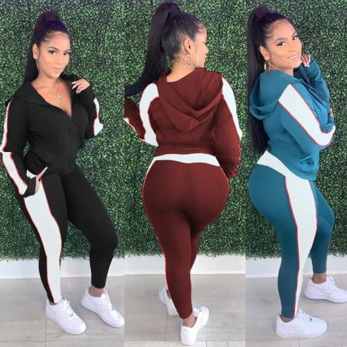 Echoine Womens Sports Two-Piece Set Fashion Casual Panel Pocket Hooded Casual Loose Long-Sleeved Coat Jogger Pants Tracksuits
