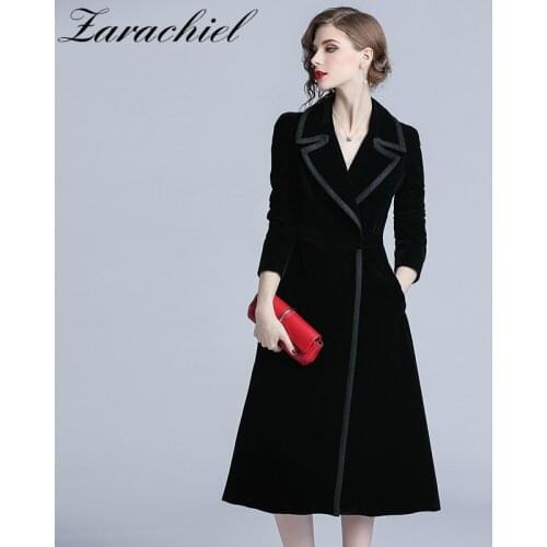 2020 Autumn Winter Velvet Trench Coat Women Abrigo Mujer Long Elegant Notched Outwear Female Overcoat Slim Black Cardigan Trench