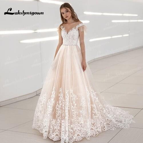 Elegant Blush Pink Wedding Dress Tulle V-Neck Button Appliques Lace Sleeveless Sweep Train Bridal Gowns Vestidos De Noivas