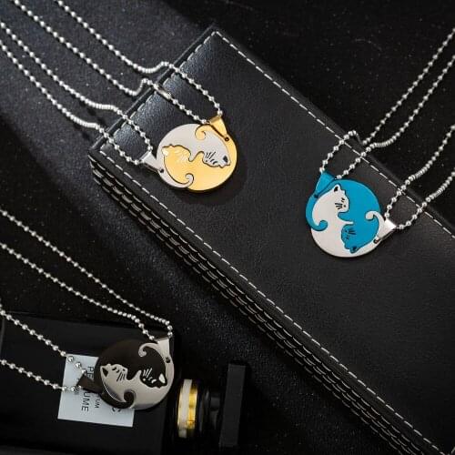1Pairs Gold Black Blue Fashion Cat Best Friend Lovers Unisex Stainless Steel Chain Necklace Men Women Accessories wholesale