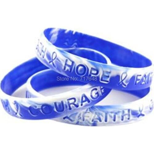 100pcs Hope Faith Strength Courage Blue and White Wave Awareness wristband silicone bracelets free shipping by epacket A