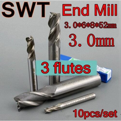 3.0*6*8*52mm 10pcs/set 6mm petiole 3 flutes HSS AL End Mill drill Milling machine cutting tools Free shipping