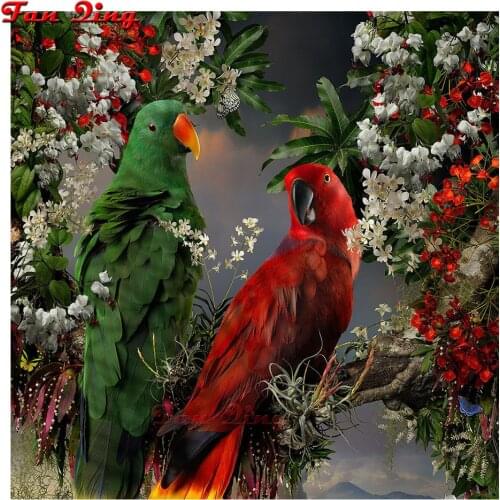 New Diy Round Square Diamond Painting Cross Stitch Handcrafted Mosaic Beads Embroidery Red Green Parrot Bird Flower tree Art Kit
