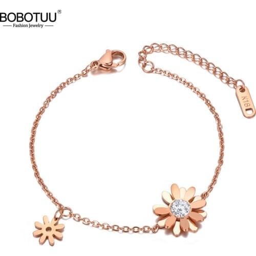 BOBOTUU Fashion 316L Stainless Steel Small Daisies Charm Bracelets For Women Bohemia CZ Crystal Beach Bracelet Jewelry BB20151