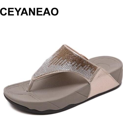 CEYANEAO Women Outdoor Wedge Thongs Thick Muffin Sole Rhinestone Party Beach Slipper Fashion Comfortable Thongs Lady
