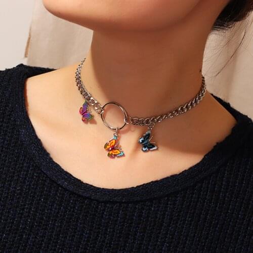 Hiphop Colorful Butterfly Pendant Stainless Steel Necklace Best Choker Steel Chain Party Jewelry for Women Man Friendship Gifts