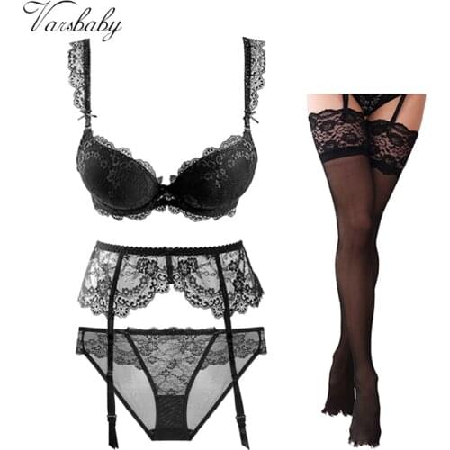 Varsbaby Gather sexy adjustment push up bra set 4 piece bra+panties+garter+stockings