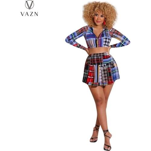 VAZN 2021 Autumn Dress Set Plaid Sweet Sexy Young Full Sleeve Cloth Top Mini Skirts High Waist Skinny Women 2 Piece Set