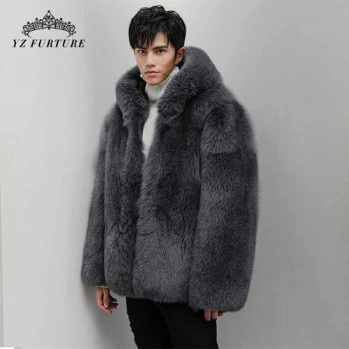 Real Fox Fur Coat With Hood Men Winter Fashion Natural Fur Jacket Genuine Whole Skin Fox Fur Coats For Men Outwear Luxury FM-015