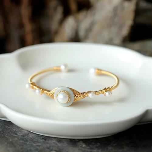 LUKENI Womens Bangle Natural Freshwater Pearl Round Bead Bracelet Hand-wound 14k Gold Filled Ladies Exquisite Bracelet