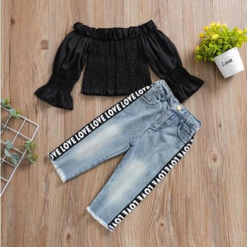 Fashion Kids Toddler Girls Ruffles Long Sleeve Off Shoulder Solid Tops Letter Ripped Denim Pants Outfit 2pcs Clothes Sets