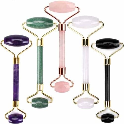 Jade Stone Roller Massager for Face Lift Up Rose Quartz Natural Crystal Stone Slimming Thin Chin Facial Skin Care Beauty Tool
