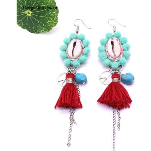New Tassel Earrings/Bohemian Style Handmade Lace Shell Fringe Earhook Ms. Peace Sign Pendant Earring Jewelry