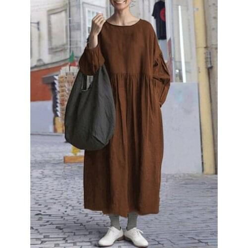 Solid Sundress Women Dress Vintage Lantern Long Sleeve Maxi Female Casual Dresses Bohemian 5XL Oversize Loose Linen Female Skirt