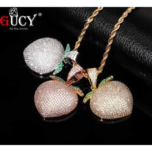 GUCY New Iced Out Fruit Pendant Necklace With 4mm Tennis Chain Necklace Gold Color Cubic Zircon Mens Women Hip Hop Jewelry