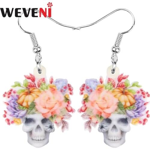 WEVENI Acrylic Halloween Flower Skeleton Earrings Aesthetic Skull Dangle Drop Jewelry For Women Girl Kid Novelty Gift Decoration